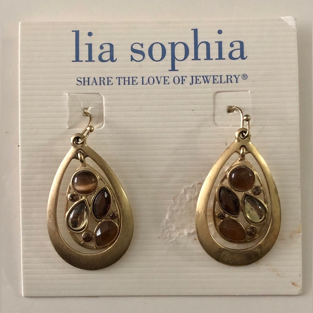 Vintage Lia Sophia Teardrop Crystal Goldtone Earrings New On Card